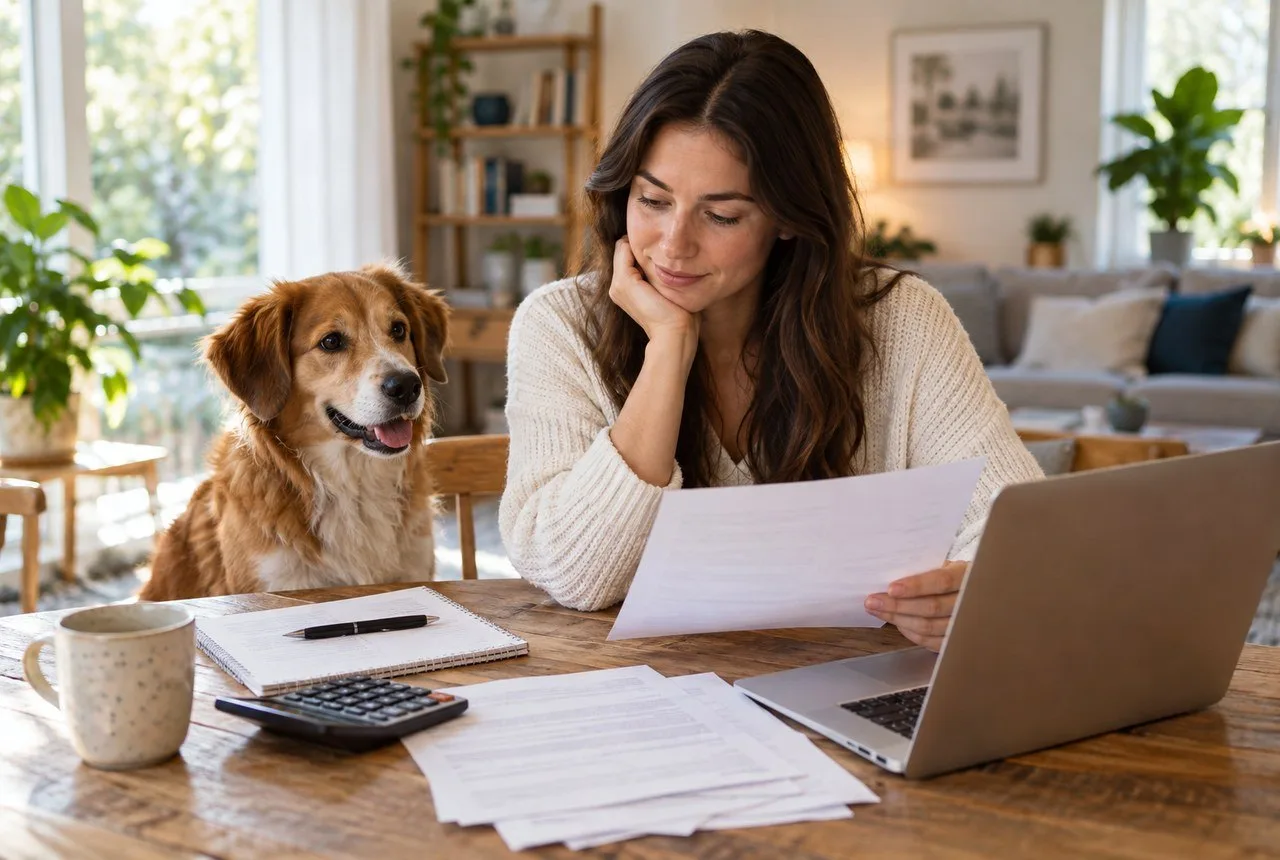 Owner considering paperwork beside a dog and laptop